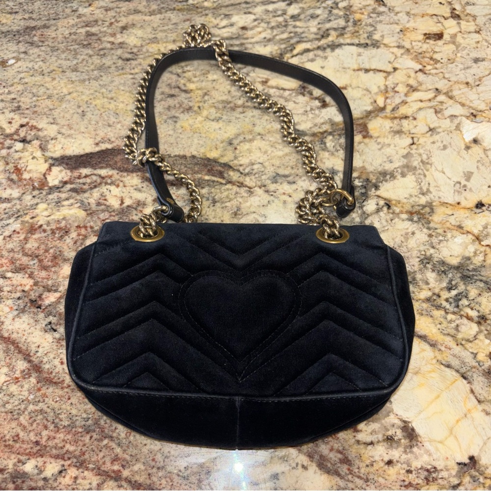 Gucci Black Velvet Marmont Shoulder Bag GG Authentic - Picture 4 of 10